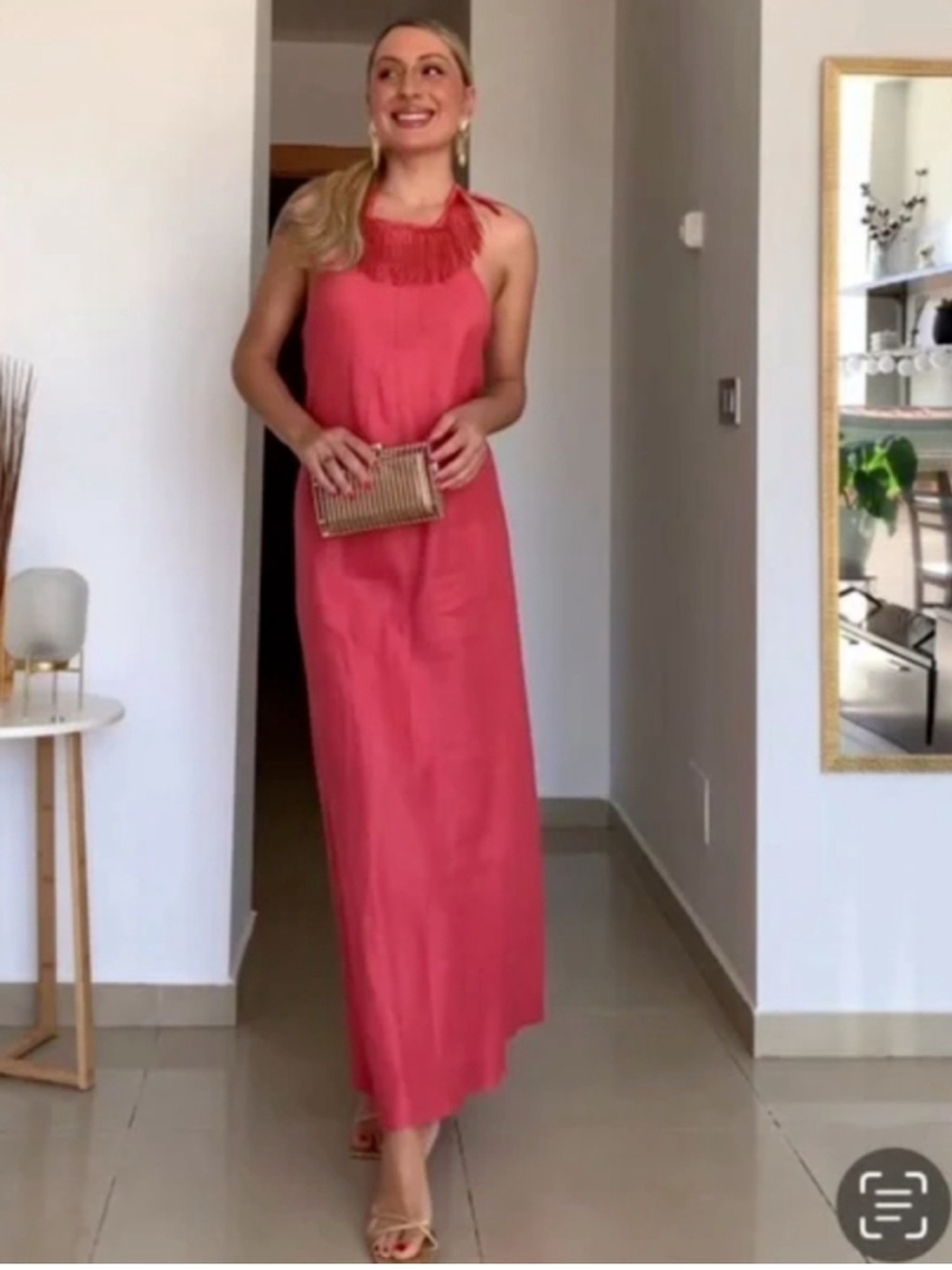 Zara Limited Edition Coral FringeLinen Halter Maxi Dress Size XS